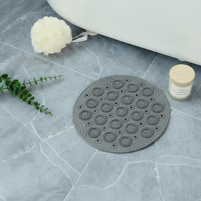 Round Non Slip Shower Mat with Suction Cups 11.8 Inch, Anti Skid PVC Bath Mat with Drain Holes, Soft Massage Foot Mat for Bathroom Shower, Gray - Image 7