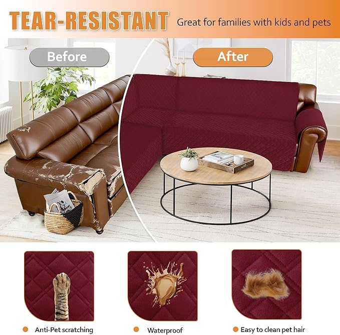 Arfntevss Waterproof Sectional Couch Covers L Shape Washable Velvet Sofa Cover for Sectional Non Slip Large Corner Slipcovers Dog 6 Pcs Universal U Shaped Furniture Protector (Wine Red, Large) - Image 6