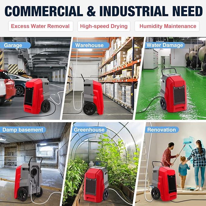 MOUNTO 180Pints Commercial Dehumidifier with Pump and Drain Hose, LGR Portable Dehumidifier with wheels for Home, Basements, Garages, and Job Sites. (Red) - Image 8