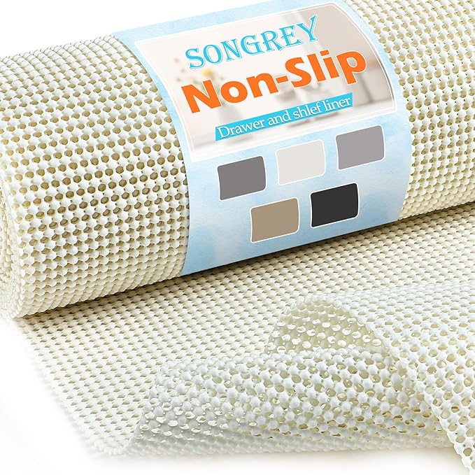 Songrey Non-Adhesive Drawer and Shelf Liner, Non Slip Cabinet Liners, Protect Kitchen Cupboard, Bathroom Drawers, Breathable, Thick Strong Grip mat (17.5IN x 20FT, Cream) by Unknown