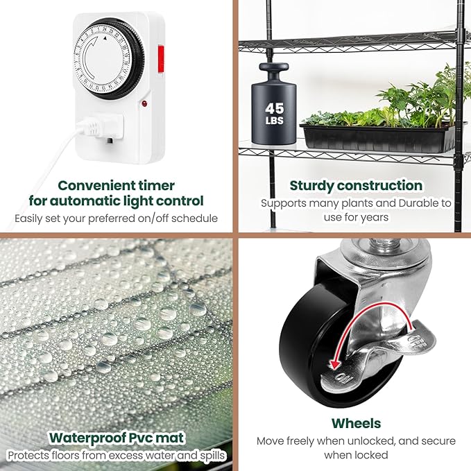 SOLIGT Plant Shelf with Grow Lights, 5 Tier Grow Light Stand Rack with 8 Pack 16“ 6000K T5 Full Spectrum Led Grow Lights for Indoor Plants, Seed Starting, Seedling Growing, Timer Included - Image 6