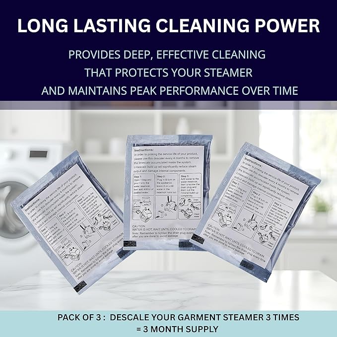 SALAV Garment Steamer Descaling Solution Decalcifier Packets for Mineral Deposits and Build-up Removal, Maintenance for Clothes, Works with all Garment Steamer Brands, Cleans Build Up, 3 packs - Image 5