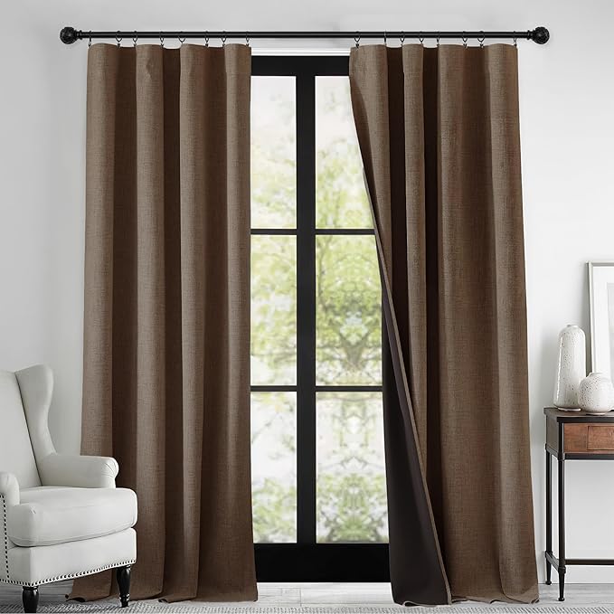 RYB HOME 100% Blackout Linen Textured Curtains 108 inches Long, Thermal Insulating Privacy Energy Saving for Bedroom Living Room Window Office Theater Patio Door, W 52 x L 108 in, Coffee, 2 Panels by RYBHOME