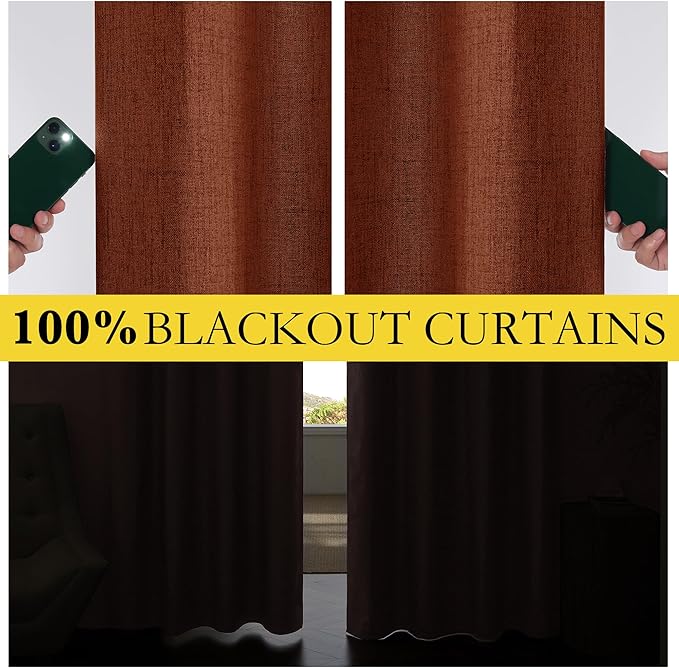 NICETOWN 100% Absolutely Blackout Linen Curtains with Thermal Insulated Liner, 42" Wide, 2 Panels, 45" Long Drapes, Grommet Retro Burnt Orange Linen Curtains Vertical Drapes Privacy for Kitchen - Image 4