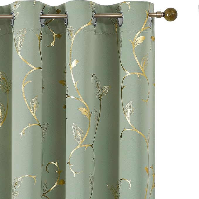 BUHUA Blackout Curtains Gold Foil Print Flower Vine Grommet Drapes, Room Darkening Thermal Insulated Curtains, Noise Reducing Curtain for Bedroom, Sage Green, 52Wx96L, 2 Panels by BUHUA