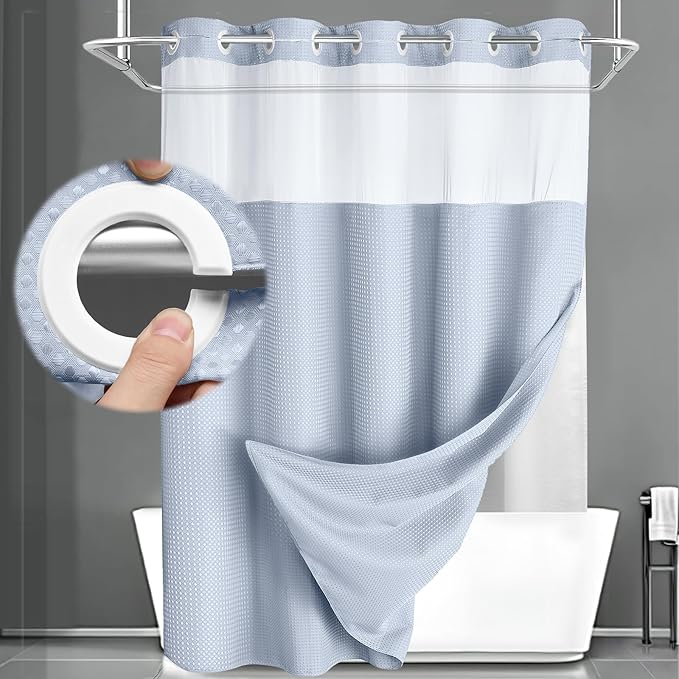 No Hook Shower Curtain and Liner Set,Mist Blue Hotel Waffle Shower Curtain with Liner 75" L x 72" W by Unknown