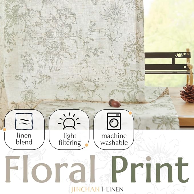 jinchan Linen Floral Curtains 96 Inch Length for Living Room Bedroom Light Filtering Farmhouse Peony Flower Drapes Rustic Window Curtain Set Rod Pocket Back Tab 2 Panels Green - Image 5