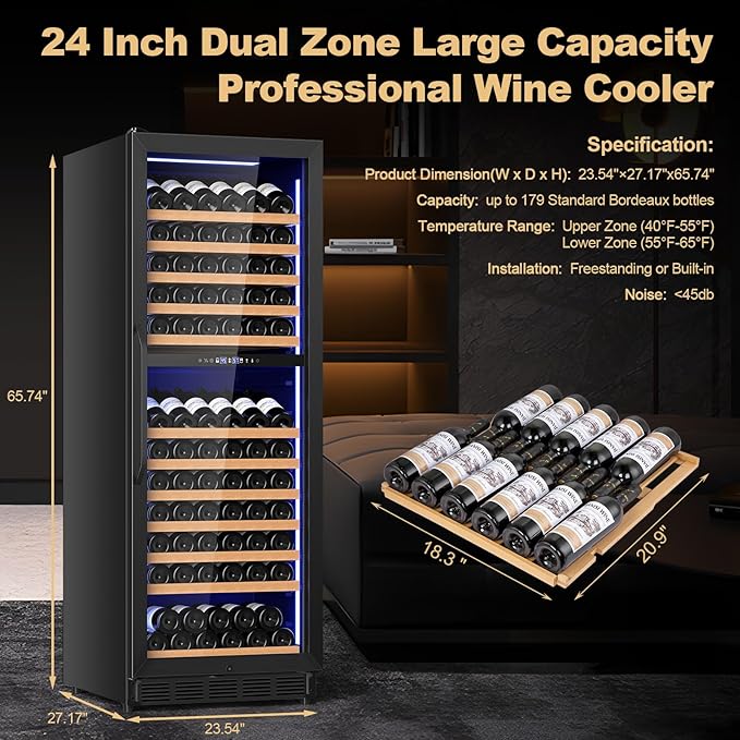 24 Inch Dual Zone Wine Cooler Refrigerator, Large Capacity Freestanding/Built-in Upgraded Professional Wine Fridge with Powerful Compressor, Advanced Cooling System, Quiet Operation, Black - Image 3