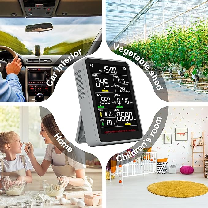 XOOPON 13-in-1 Indoor Air Quality Monitor with PM1.0/2.5/10, CO2, HCHO, TVOC, Temp, Humidity & Time, 4 Alarm Modes, Portable Air Quality Tester for Home, Office, Car, Wall-Mount or Desktop Use - Image 7