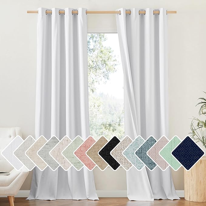 NICETOWN 100% Absolutely Blackout Linen Curtains with Thermal Insulated White Liner, White, 52 inches Wide, 102 inches Length Energy Saving Curtains for Living Room 2 Panels Set, Vertical Blinds by NICETOWN