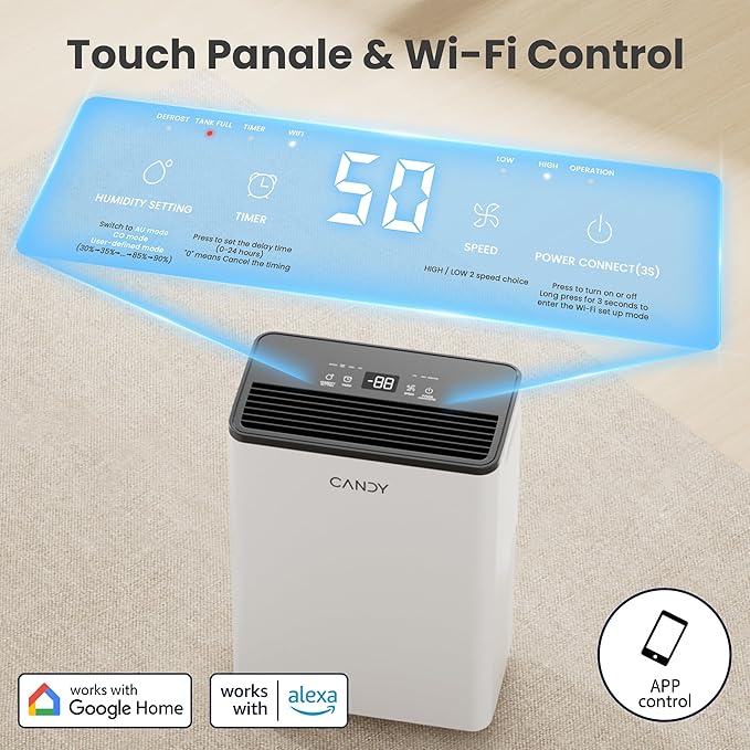 Candy 2000 Sq.Ft Dehumidifiers for Home, 34 Pints Portable Dehumidifier With Continuous/Auto Mode,0.66 Gal Tank, for Bedroom,Bathroom,Basement, Smart Control with Drian Hose Included - Image 3
