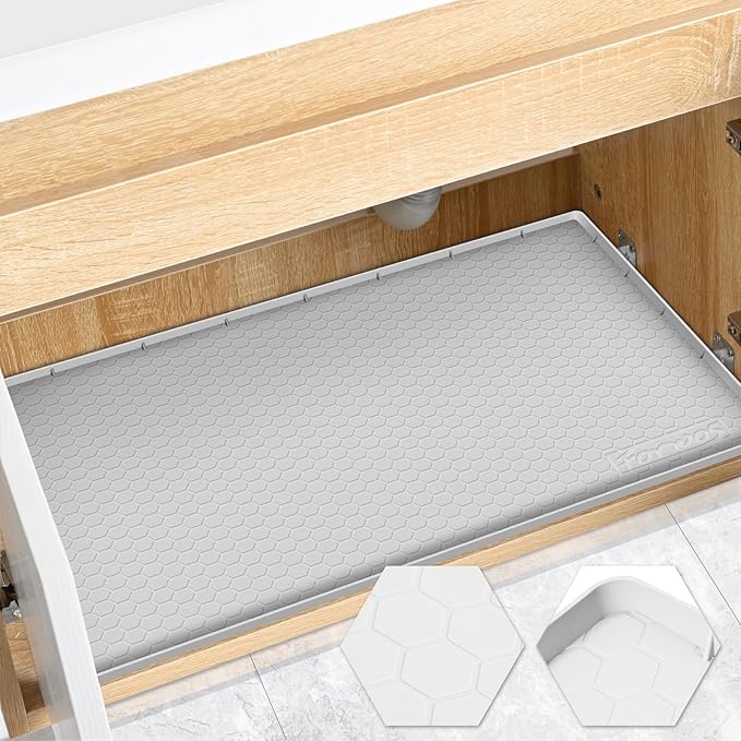Waterproof Under Sink Mat 22" x 19", Silicone Cabinet Liner, Rubber Protector for Kitchen and Bathroom, Keeps Cabinets Clean, Dry, and Organized (Light Grey) by FORWOS