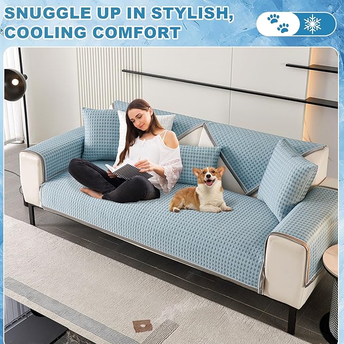 OTOB Cooling Dog Couch Cover Ice Silk Fiber, Washable & Non Slip Sofa Slipcovers Pet Mat, Soft Dog Bed Couch Cover Cooling Mat, Durable Pet Friendly Furniture Protector Covers(Blue, 28"*82") - Image 9