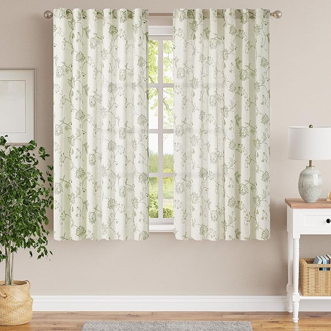 jinchan Linen Curtains Floral Curtains 63 Inch Length for Living Room Bedroom Light Filtering Rod Pocket Back Tab Jacobean Curtains Flax Linen Texture Window Drapes Set 2 Panels Green on Linen - Image 2