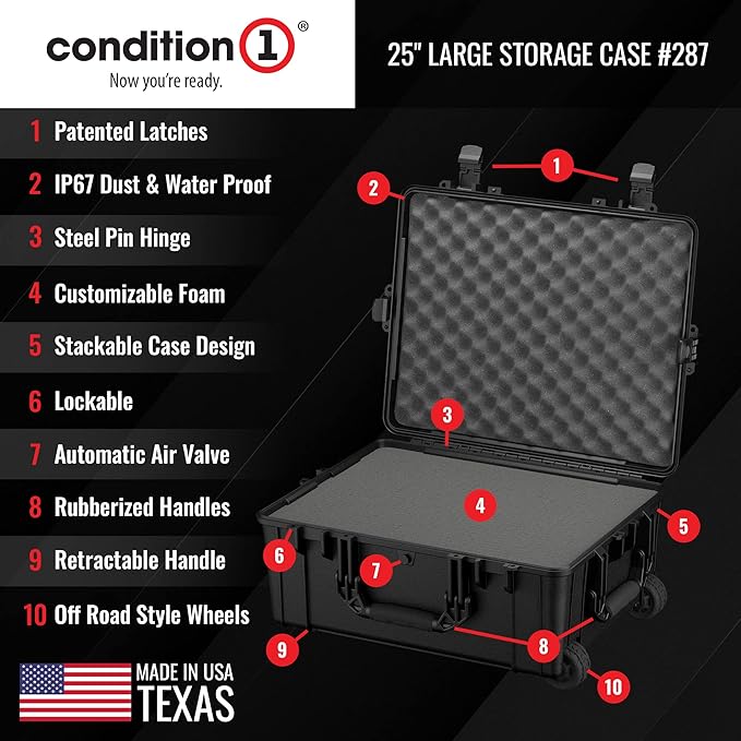 Condition 1 25" Large Rolling Hard Travel Case Model 287 Lockable Storage Box, Waterproof Dustproof Protective Luggage with Handle, Made in USA, 24.53"x19.55"x10.95" Black - Image 3