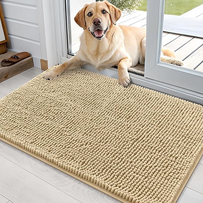 OLANLY Dog Door Mat for Muddy Paws 35x24, Absorbs Moisture and Dirt, Absorbent Non-Slip Washable Doormat, Quick Dry Chenille Mud Mat for Dogs, Entry Indoor Entryway Carpet for Inside Floor, Beige by OLANLY