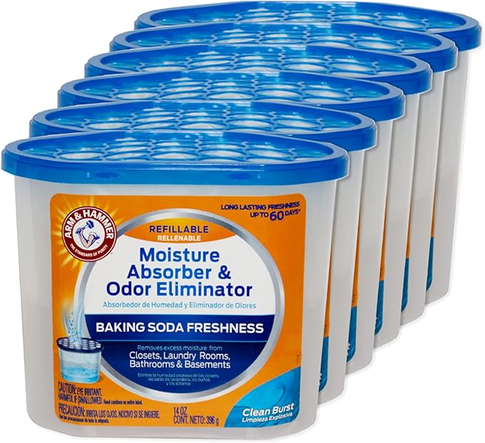 Arm & Hammer Clean Burst Moisture Absorber and Odor Eliminator Tubs, 14 oz., 6 Pack, Attract and Trap Excess Moisture, Eliminate Musty Odors, Convenient and Effective by ARMHAMMER