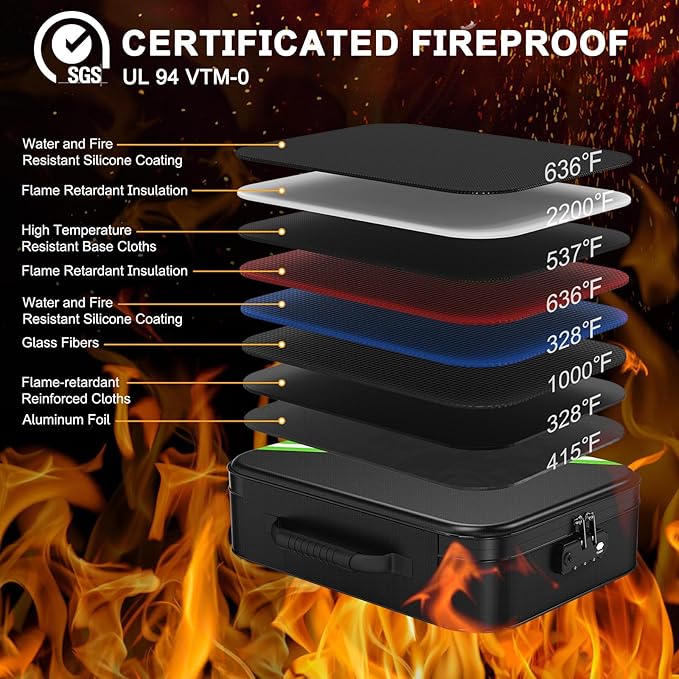 Noiposi 5200℉ Fireproof Document Box, 16.1x 11.4x4.3 Inch Waterproof and Fireproof Document Organizer,Portable Home Travel Safe Storage Box for Legal Size Documents,File and Birth Certificate,Black - Image 2