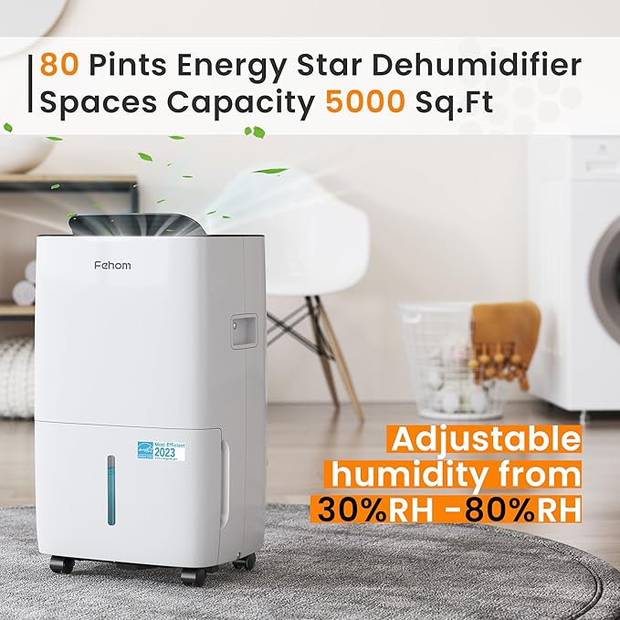 Fehom 80 Pints Dehumidifier Most Efficient Energy Star - 5,000 Sq. Ft. Dehumidifier for Basement with Drain Hose and 1.06 Gal Water Tank, Smart Dehumidifiers for Home, Large Rooms(JD025L-80) - Image 2