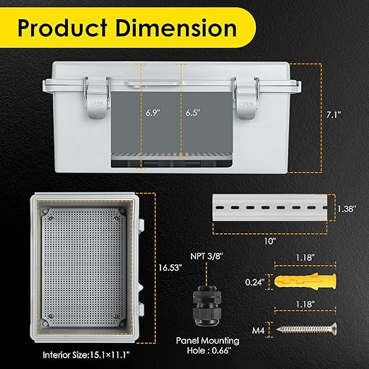 Waterproof Electrical Junction Box, IP67 ABS Plastic Junction Box Enclosure with Aluminum DIN Rail, Mounting Plate, Wall Brackets for WiFi Electronics Project, Grey (16.1''×12.2''×7.1'') - Image 3
