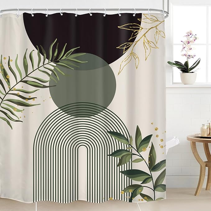 Dark Green Boho Shower Curtain 72Wx84H Extra Long Black Green Modern Bohemian Abstract Plant Leaves Bathroom Decor Minimalist Geometric Neutral Bath Curtain Fabric Polyester 12 Pack Hooks by MitpokBrand