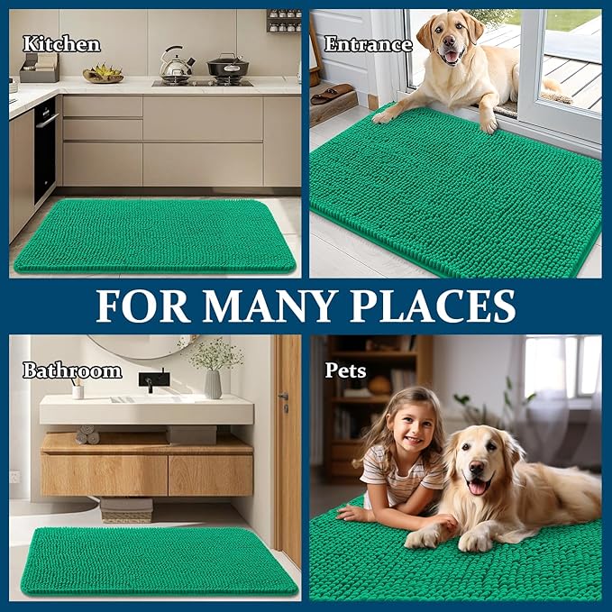 OLANLY Dog Door Mat for Muddy Paws 24x16, Absorbs Moisture and Dirt, Absorbent Non-Slip Washable Doormat, Quick Dry Chenille Mud Mat, Entry Indoor Entryway Carpet for Inside Floor, Emerald Green - Image 8