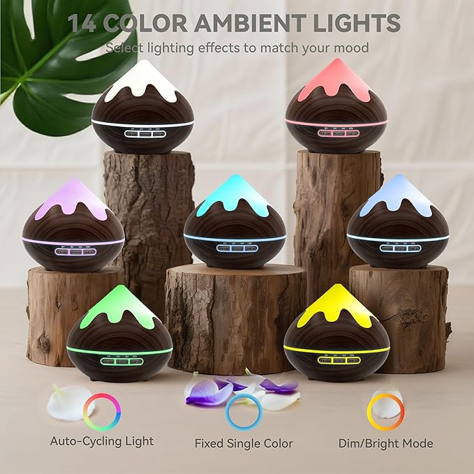 500ML Essential Oil Diffuser, Aromatherapy Diffuser with Remote Control, Multifunctional Air Diffusers for Home Office Room, Fragrance Aroma Diffuser with 7 Color LED & 2 Mist Mode, Dark Brown - Image 2