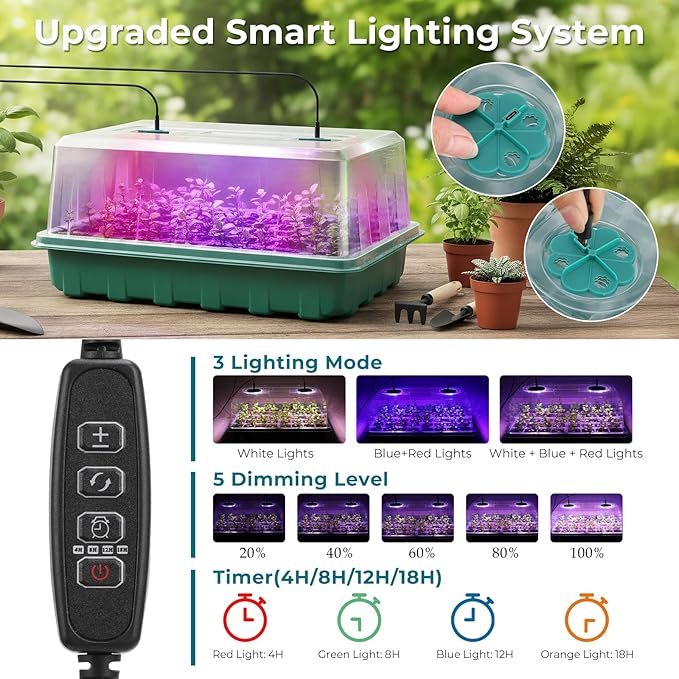 96 Cells Seed Starter Tray with Lights, 2 Packs Seed Starter Kit with Humidity Vented Domes and High Lid, Adjustable Brightness Germination Kit for Indoor Greenhouse Seed Starter - Image 3
