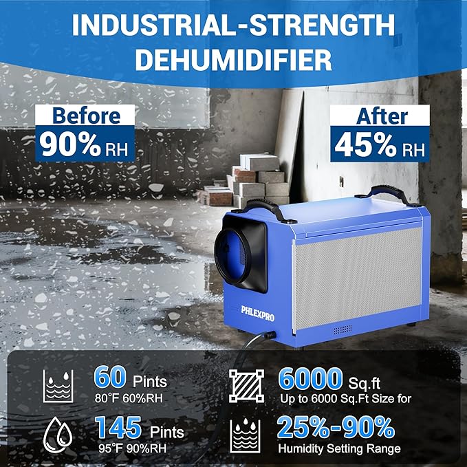 145 Pint Commercial Dehumidifier with Drain Hose for Crawl Spaces, Basements, Industry Water Damage Unit Restoration for up to 6000 Sq.Ft, Auto Defrost, Memory Starting, Blue(Gift Directional Wheels) - Image 2