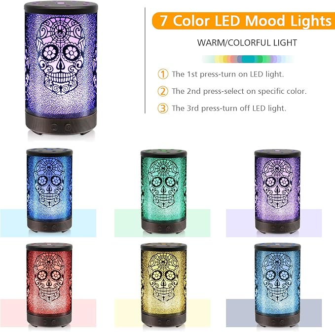 Skull Essential Oil Diffuser, Daroma 100ml Metal Aromatherapy Ultrasonic Cool Mist Humidifier Air Scent Home Office Gift, 7 Colors Changed LED Mood Light, Waterless Auto-Off - Image 3