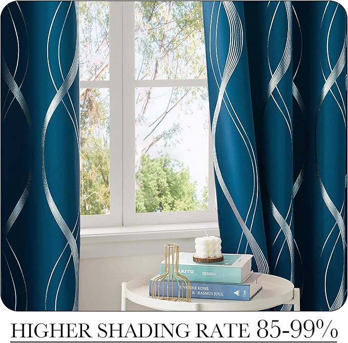 NICETOWN Moroccan Blue Blackout Curtains 84 inch Long for Living Room, Art Decor Scandinavian Style for Festival Wave Line Foil Print Design Drapes for Wall Cover, W52 x L84, 2 Panels - Image 6