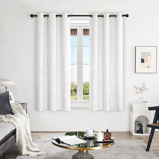 Deconovo Room Darkening Curtains, White Curtain, Thermal Insulated & Noise Reducing Drapes, Silver Branch Pattern, 42 x 63 Inch Long, Grommet Panels for Bedroom Living Room Office Nursery, Set of 2 - Image 2