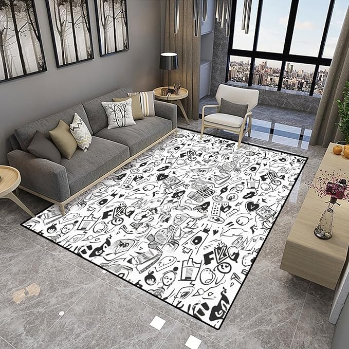 Carpet - Funny Ink Symbols Printing Patterns Non-Slip Area Rugs Fade Resistant, Flame Resistant, Quick Dry, Stain Resistant, Waterproof Floor Carpet for Living Room Bedroom, 36 x 60 Inch - Image 4