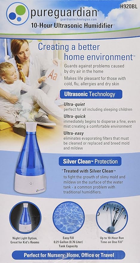 PureGuardian Ultrasonic Cool Mist Humidifier, 10 Hrs. Run Time, 210 Sq. Ft. Coverage, Small Rooms, Quiet, Filter Free, H920BL - Image 4