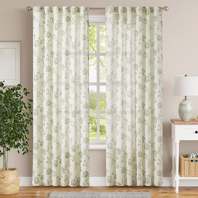 jinchan Linen Curtains Floral Curtain 84 Inch Length for Living Room Bedroom Light Filtering Rod Pocket Back Tab Jacobean Curtains Flax Linen Texture Window Drapes Set 2 Panels Green on Linen - Image 2
