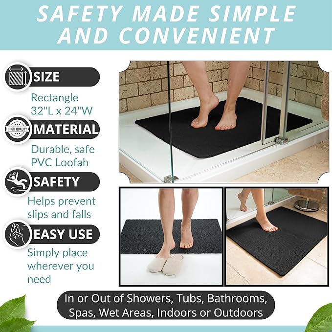 Enkosi Loofah Non-Slip Shower Mat - Shower Floors, Bathtub, Bathrooms, Wet Areas - Cushioned Bath Mat with Drain Holes - Quick Dry PVC, Secure Safety Pad Without Suction Cups (32x24 Black) - Image 3