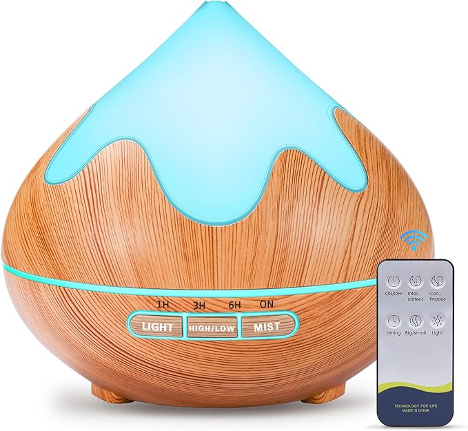500ML Essential Oil Diffuser, Aromatherapy Diffuser with Remote Control, Multifunctional Air Diffusers for Home Office Room, Fragrance Aroma Diffuser with 7 Color LED & 2 Mist Mode, Light Brown by Unknown