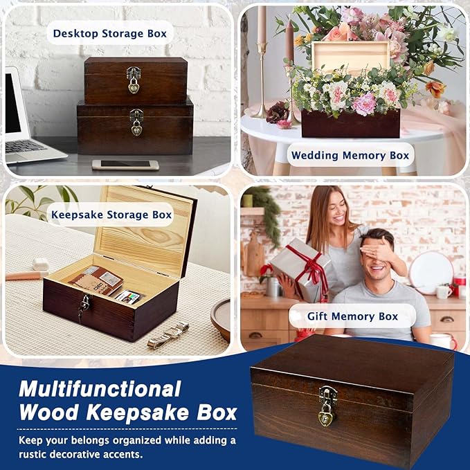Wood Keepsake Boxes with Lock and Keys Handcrafted Decorative Wooden Storage Case Cabinet Container Hinged Lid Country Rustic Style Organizer for Trinkets Gift Card Collection Coffee Color 2 Pack - Image 5