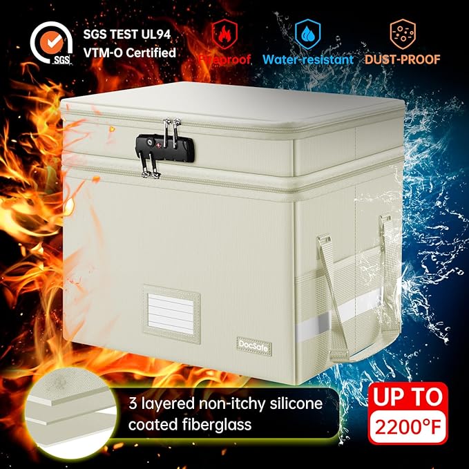 DocSafe File Box with Lock,Multi-Layer Fireproof Document Box Collapsible File Storage Organizer with Pockets/Handle,Large Portable Home Office Filing Box for Hanging Letter/Legal Size Folders,Beige - Image 6