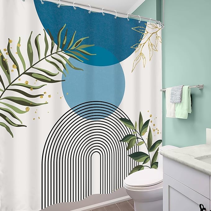 Blue Boho Modern Shower Curtain 72Wx72H Mid Century Abstract Gold Green Leaves Sun Arch Minimalist Geometric Aesthetic Plant Bathroom Decor Neutral Bath Curtain Fabric Polyester 12 Pack Hooks - Image 4
