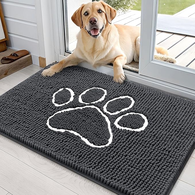 OLANLY Dog Door Mat for Muddy Paws 35x24, Paw Print Design, Absorbs Moisture and Dirt, Absorbent Non-Slip Washable Doormat, Quick Dry Chenille Mud Mat for Dogs, Entry Indoor Entryway Carpet, Dark Grey by OLANLY