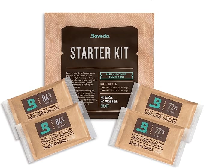 Boveda Starter Kit Bundle: Season a Wooden Storage Box Plus Maintain Humidity with 2-Way Humidity Control | Includes (2) Each Size 60 Boveda 84% RH & 72% RH | 1-Count by Boveda