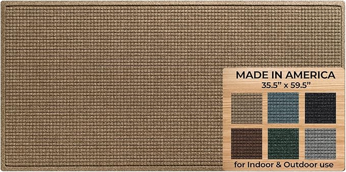 WaterHog Squares Front Door Mat Indoor Outdoor Entrance, Absorbent All-Weather Doormat with Non-Slip Rubber Backing, Dirt & Moisture Trapper, Low Profile, Easy Clean, Made in USA, 35.5"x59.5" Camel by WaterHog