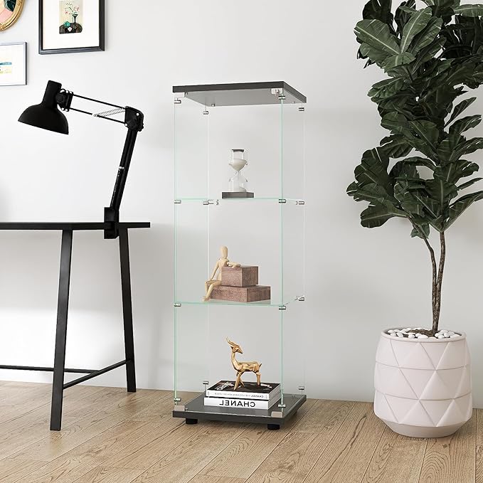 Yoluckea 3 Shelves Glass Display Cabinet with Door, Curio Collection Glass Display Case for Home Office, Floor Standing Bookshelf Corner Cabinet for Book Toys Glory (Black) - Image 3