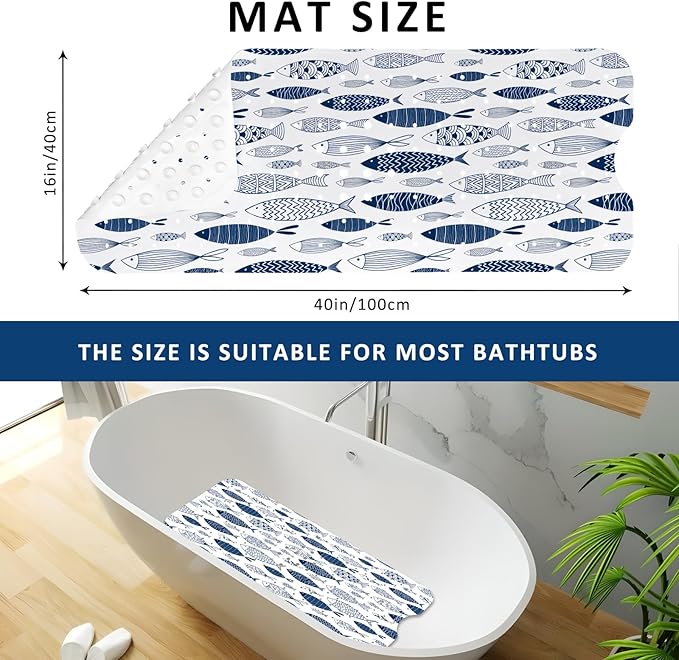 Fish Bathtub Mat Non Slip, Boho Baby Bath Mat for Tub Rubber Tub Mat, Cute Kids Bath Mats for Bathroom Ocean Anti Slip Shower Mat with Suction and Drain Holes Machine Washable, 40″X16″ - Image 3