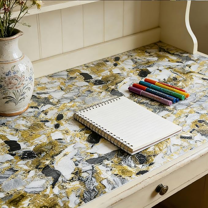 Drawer and Shelf Liner - Yellow Black Marble Pattern,Non Adhesive Non Slip Waterproof Easy-Clean Liner for Kitchen Cabinet, Refrigerator, Bathroom, Pantry Storage Drawers, 12 in x 10 Ft - Image 3