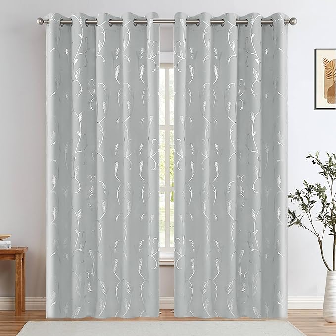 BUHUA Blackout Curtains Silver Foil Print Flower Vine Grommet Drapes, Room Darkening Thermal Insulated Curtains, Noise Reducing Curtain for Bedroom, Silver Grey, 66Wx72L, 2 Panels - Image 2