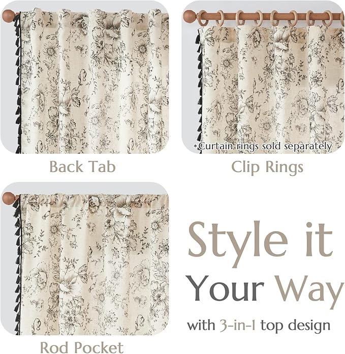 JINCHAN Linen Curtains Floral Curtains Living Room 96 Inch Long Printed Curtains Tassels Rod Pocket Back Tab Farmhouse Rustic Peony Flower Patterned Drapes Bedroom Window Curtain Set 2 Panels Black - Image 6