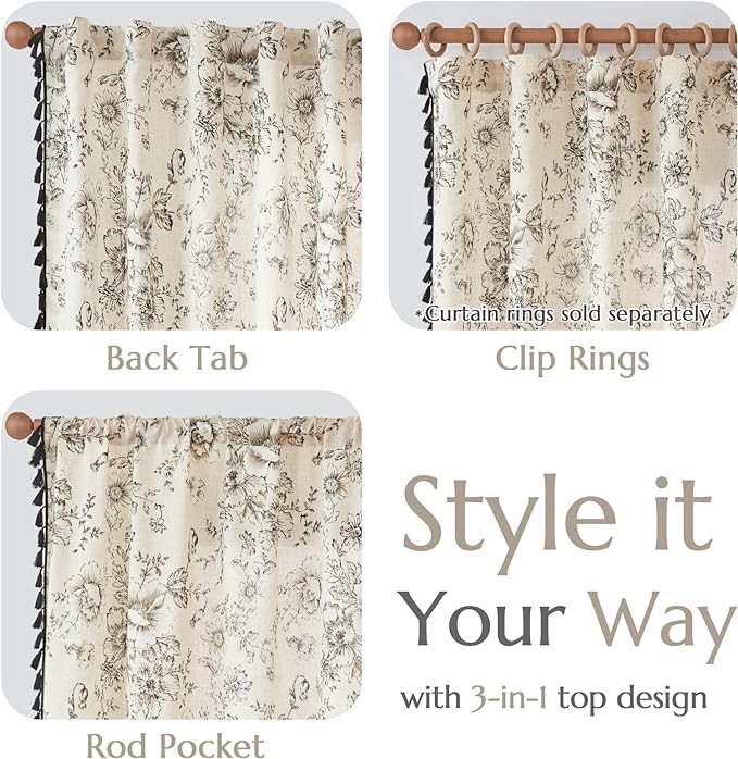 JINCHAN Linen Blend Floral Curtains for Living Room & Bedroom - 84 Inch Long Printed Curtains with Tassels & Rod Pocket - Farmhouse Rustic Peony Flower Patterned Drapes - 2 Panels - Image 7