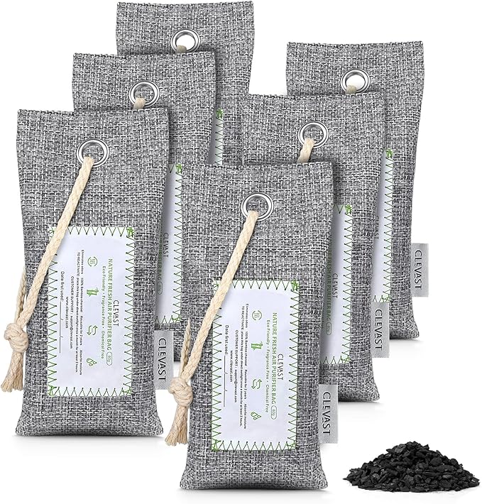 CLEVAST 6 Pack Charcoal Air Purifying Bags(6x60g), Activated Bamboo Natural Fresh Odor Absorber, Deodorizer and Moisture Eliminator, Air Purifier Bags for Home, Closet, Shoes, Car Air freshener by CLEVAST